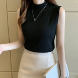 2021 Sleeveless Summer Blouse Women Korean Knit Elastic Casual Clothes Solid Turtleneck Fashion Ladies Tops Blusas 8623