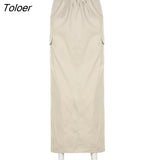 Drawstring Low Waist Casual Long Skirts Womens Pockets Streetwear Cargo Skirt Stitching Y2K Design Vacation
