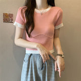 Clamming Color Splicing T-Shirts For Women's New Summer Fashion Slimming Thin-Sleeved Ice Silk Short-Sleeved Top
