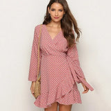 Summer Chiffon Dress Women Print Dot Boho Beach Dresses Casual Ruffle Long Sleeve A-line Mini Party Dress