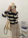 Korea Dongmen 2024 Autumn New Black-And-White Striped Cardigan High-Grade Woolen Sweater Women's Knitted Blouse-Outfit