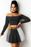Off Shoulder Long Sleeve Crop Top and Pleated Matching Skirts 2pc