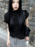 Shirts for Women Summer Tshirts Turtleneck Short Sleeve Folds Tees Crop Tops Vintage Fashion Temperament Folds T-shirts-Outfit