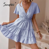 Party Summer V-neck light pink dress Casual solid high-waist lace-up ruffled women dress Elegant office ladies short dress