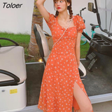 Women Casual Mid-calf Elegant French Square Collar Sweet Puff Sleeve Fairy Abdomen Female High Slit Orange Floral
