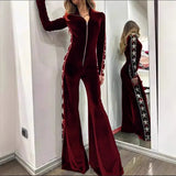 Fashion Velvet Splicing Print Long Sleeve Broad Leg