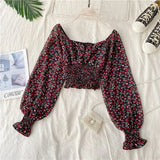 Wooden Ear Print Blouse Holiday Beach Style Slim Fit Pleat Blusas Square Collar Off Shoulder Chiffon Shirt