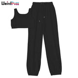 Puss 2 Piece Sets Women Casual Cotton Tracksuit Fitness Tank Top Drawstring Shorts Activity Stretchy Summer Street