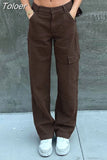 Khaki Wide Leg Cargo Jeans High Waist Big Pockets Baggy Denim Trousers Casual Oversized Pants Street Sweatpants