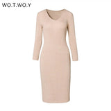 WOTWOY V-Neck Wrapped Knitted Dress Women Autumn Solid Sheath Sweater Dresses Women Knee-Length Bodycon Long Sweater Female