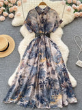 Summer Fashion Runway Cotton Shirt Dress Women's Short Sleeve Elegant Floral Butterfly Print Belt OL Midi Dress