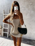 Women Solid Dress Sling Backless Drawstring Round Neck Sleeveless Sheath Sort Package Hip Dresses Lace Up Casual 2023-Outfit