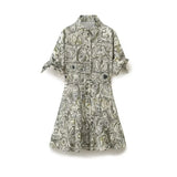 New Printed Lapel Shirt Dress With Belt Cuffs Bow Tie For Women 2183047-Outfit