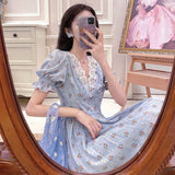 Elegant Chiffon Dress Women Vintage Print Floral Puff Sleeve Casual Female Dress V-neck Pretty Party Lace Dress 2021