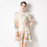 Embroidery Hollow Out Stitching Lace Trims Dress Women Stand Collar Lantern Sleeve Floral Print Belted Mini
