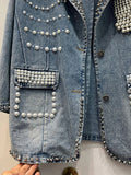 Women Denim Blazers Patchwork Notched Collar Pearls Diamond Embroidered Flares Suit Jackets 2024 Summer New Fashion 29L6434-Outfit