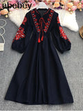 New Spring Autumn Vintage O-neck long sleeve Dress embroidery lace up tassel high waist pleated mid-length A-line