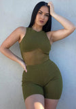 Sexy Sleeveless bodysuit Mesh Skinny Two Piece Shorts