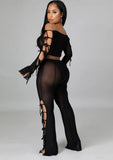 Sexy Hollow Out Bandage Off Shoulder Long Sleeve Crop Top and Pant