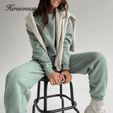 Cotton Sets Women 2021 New Autumn Winter Warm Casual Two Pieces Fleece Tops and Pants Loose Solid Sweatpants