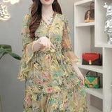 V-Neck Broken Flowers Dresses Summer Vintage Butterfly Sleeve Female Clothing Fashion Ruffles Spliced A-Line Long