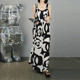 Floral Spliced Printed Dresses Casual Loose A-Line Waist Women's Clothing Stylish Slip Sleeveless Pleated Long Dress