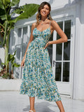 Party Casual spaghetti strap croset print dress summer women V-neck holiday ruffle maxi dresses High-waist lace up beach
