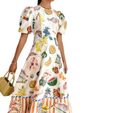 Women's 2025 Ama's New Elegant Fruit Prints Waist-Round Collar Dress Dress