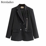 New Autumn Chic Loose Women Solid Blazer Full Sleeve Chain Double Breasted Female Suit Jackets Casual Ladies