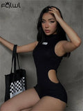 Summer Streetwear Rompers Women Jumpsuits Hollow Out Zipper Rompers Playsuits Black Bodycon One Pieces Outfits