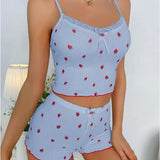Summer New Large Print Pit Strip Home Lady Bow Slings Shorts Strawberry Print Two