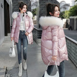Jacket Women 2021 Female Parka Coat Mid Long Overcoat Hooded Warm Hooded Artificial fur collar Shiny Down Cotton