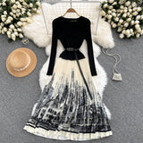 Women's Knitted Patchwork Printing Pleated Dress Autumn Fashion Long Sleeve O Neck Belt Midi