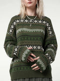 Womens Y2K Grunge Autumn Winter Casual Sweater Long Sleeve Round Neck Vintage Pattern Print Knitwear Pullovers-Outfit
