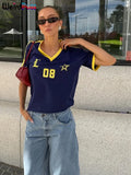 Casual Letter Print T-Shirt Women Patchwork V-Neck Shorts Sleeve Slim Sporty Elastic Loose Wild Tops Fashion Street Tees-Outfit