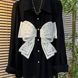 Women's Clothing Fashion Bow Lace Patchwork Blouse Sweet Commute Chic Single-breasted Spring Autumn Korean Polo-Neck Loose