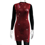 Toloer Women's Mesh Flash Diamond Round Collar Dress