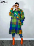 FAutumn Green Trench Coats Jackets For Women 2022 Plaid Long Sleeve Patchwork Jakets Female Buttons Fashion Long
