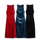 New Velvet Sleeveless Pleated Midi Dress 8387887-Outfit