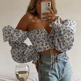 Sleeve Top Women Tie Front Floral Print Crop Tops Retro Square Collar Elegant Sexy Off Shoulder Vintage Blouses Shirts