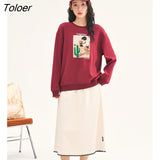 Women Fleece Sweatshirt 2022 Winter Long Sleeve O Neck Drop Shoulder Hoodie Graphic Print Wine Red Casual Chic