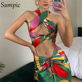 Sexy Women Summer Beach 2021 Geometric Print Skirt Set Halter Bandage Tops And Midi Ruched Bodycon Skirt Two Piece