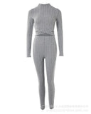 Women Two Piece Sets Pant Set Splice Round Neck Full Sleeve Short Tops Solid Elastic Waist Sheath Long Pants Slim Fit 2024-Outfit