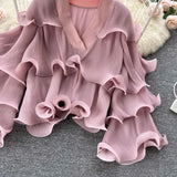 Spring Autumn Women Irregular Ruffle Draped Tops Female Elegant V-Neck Flare Long Sleeve Short Tops Vintage Blouse New Blusas 618-1-Outfit