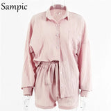 Tracksuit Women 2020 Casual Lounge Wear Shorts Set Long Sleeve Blouse Tops And High Waisted Mini Shorts Two Piece