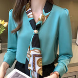 Long Sleeve Blouse Women Bow V-Neck Print Chiffon Blouse Shirt Tops Women Blusas Mujer De Moda 2021 Blouses Shirts