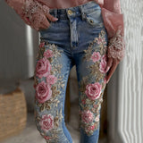Women's Jeans Women's Trousers Color Flowers 3D Three-Dimensional Printed