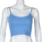 Style Spaghetti Strap V Neck with Lace Cropped Tops Summer Fashion Ribbed Solid Backless Blue Cami