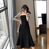 Maxi Dresses for Women Party Patchwork Long Sleeve Square Collar Floral Slim Mermaid Woman Dress Elegant Autumn 2023