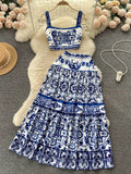 Blue And White Porcelain Printing Set Women's Summer Pure Desire To Bare Belt Slings Small Vest + High Waist Mid-Long